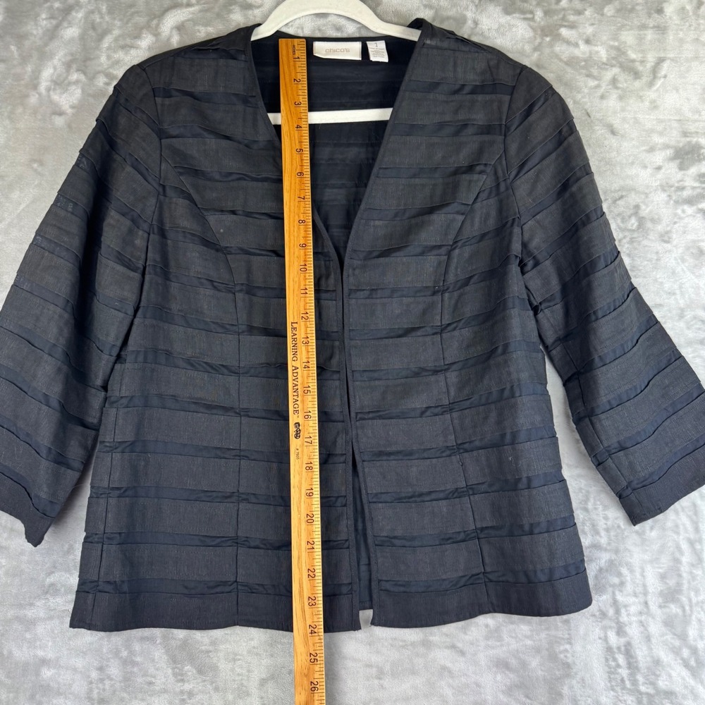 Chicos Open Front Jacket Women's L (sz 1) Black w/ Semi Sheer‎ Stripes (1391) - Picture 10 of 11
